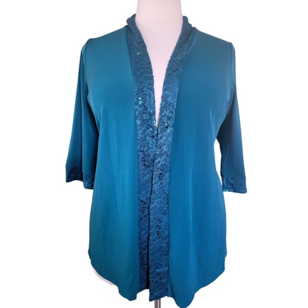 Catherines Cardigan 22W Teal New Lace Sequin Trim Open Front 3/4 Sleeve Top